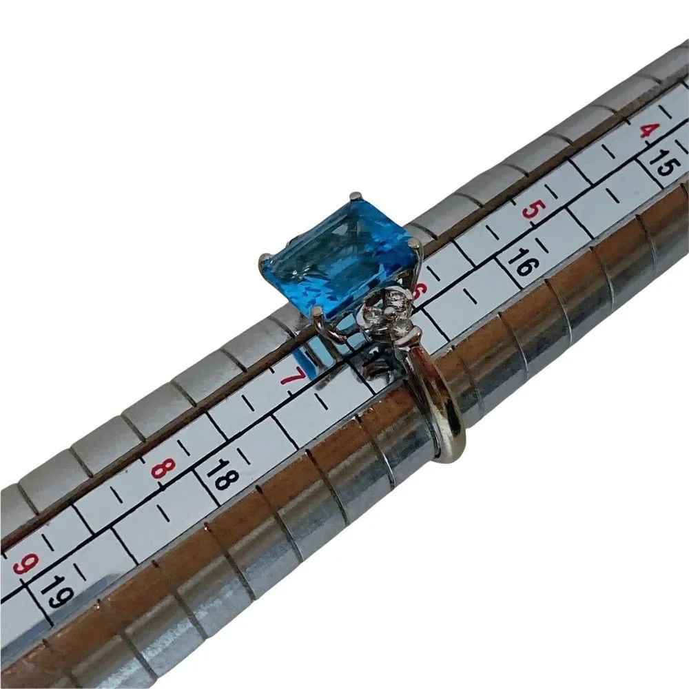 10k 10KT Karat Fine Solid White Gold Blue Topaz & Diamond Ring Women’s 6.5
